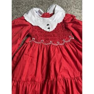 Vintage Polly Flinders Bright Red Smocked Dress Embroidery Toddler Size 4